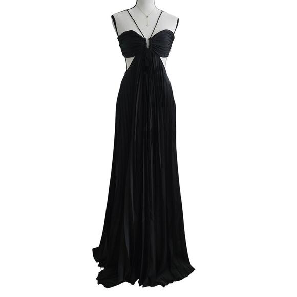 Women’s Black Pleated Cutout Maxi Dress Formal Gown Open Back Elegant Whimsical - Picture 1 of 10